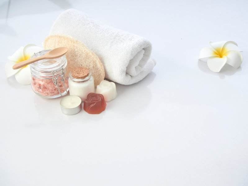 Set of spa accessories skin care on a white table