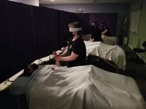 Night Class Student Massage Therapist Blindfold exercise